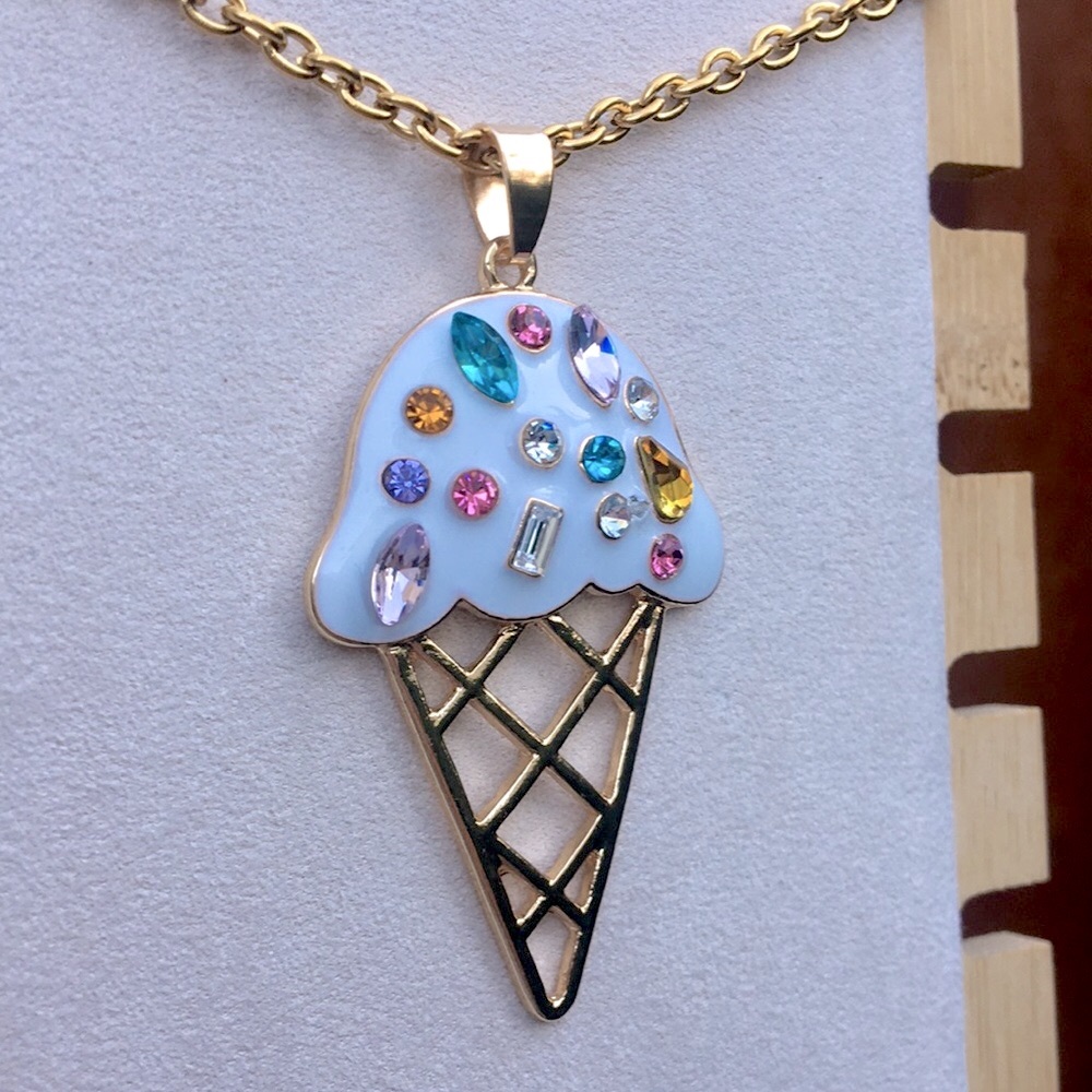 White + Crystal Sprinkles Gold Ice Cream🍦Cone Pendant Drop Necklace - Picture 3 of 8